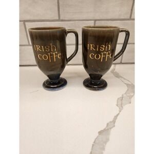 2 Vintage Irish Coffee Mug Cup Porcelain Made in Ireland Green Blue Gold Letters